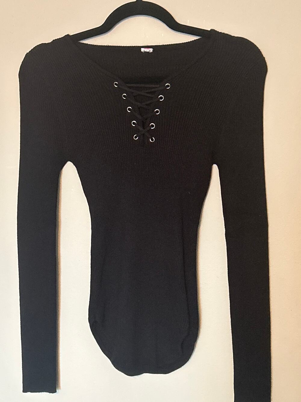 Ribbed Lace Up Front Long Sleeve Top